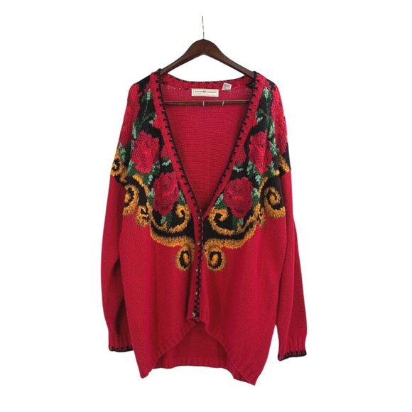 Maggie Lawrence Sweaters - Vintage 1980s Maggie Lawrence Womens 18/20 Floral Knit Cardigan Sweater Red Boho